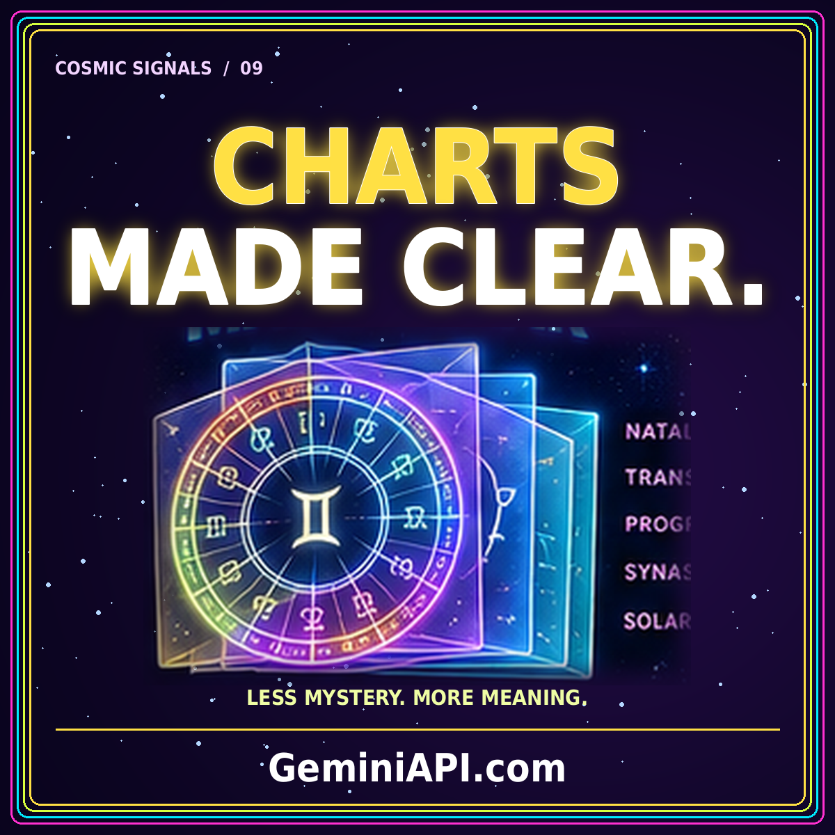 Astrology Charts Made Clear: An Accessible API Design Guide — neon typography and cosmic illustration, GeminiAPI.com