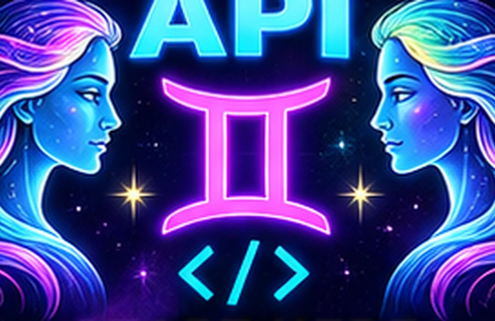 Neon illustrated twins face a glowing Gemini symbol against a cosmic background.