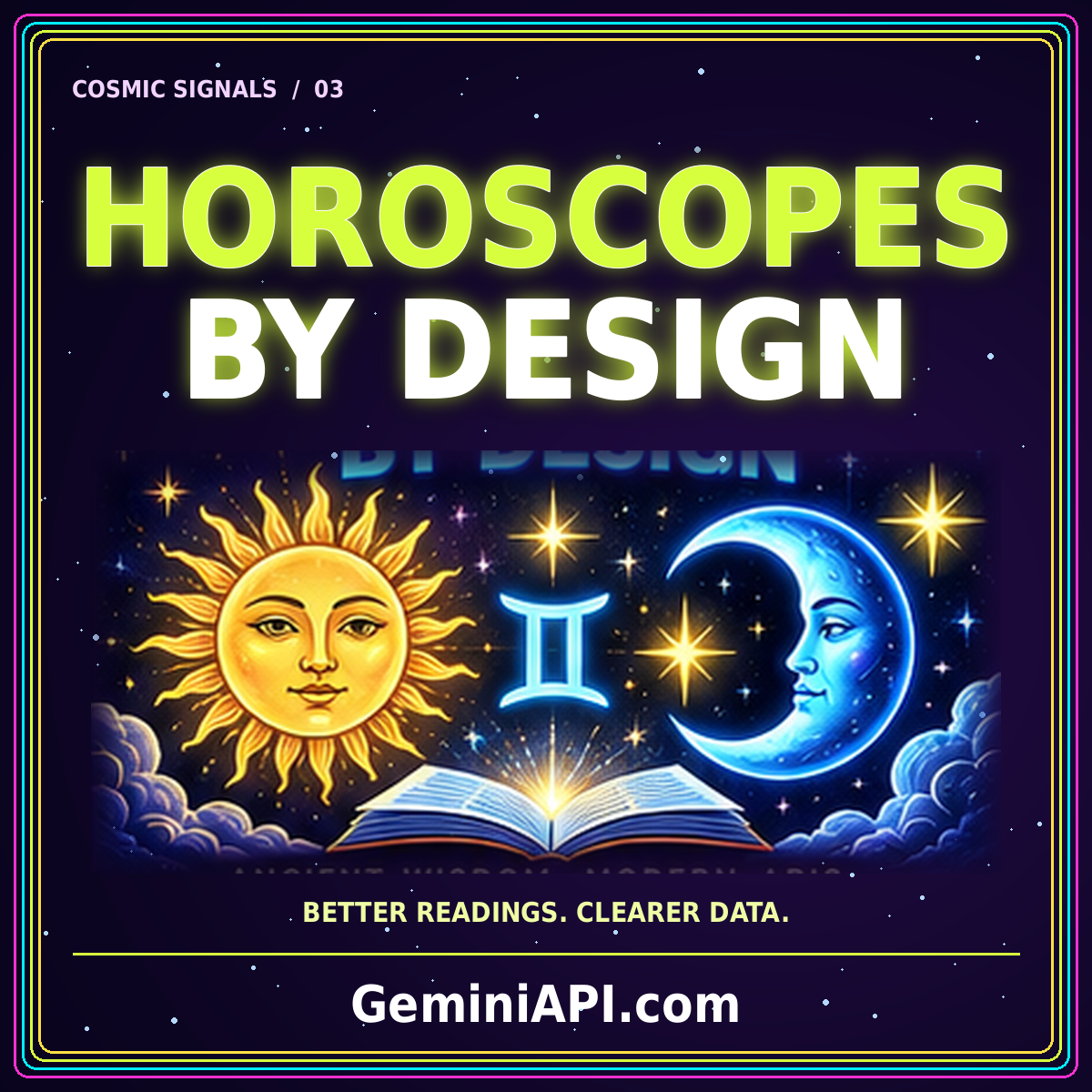 Horoscope API Design: Better Readings, Clearer Data — neon typography and cosmic illustration, GeminiAPI.com