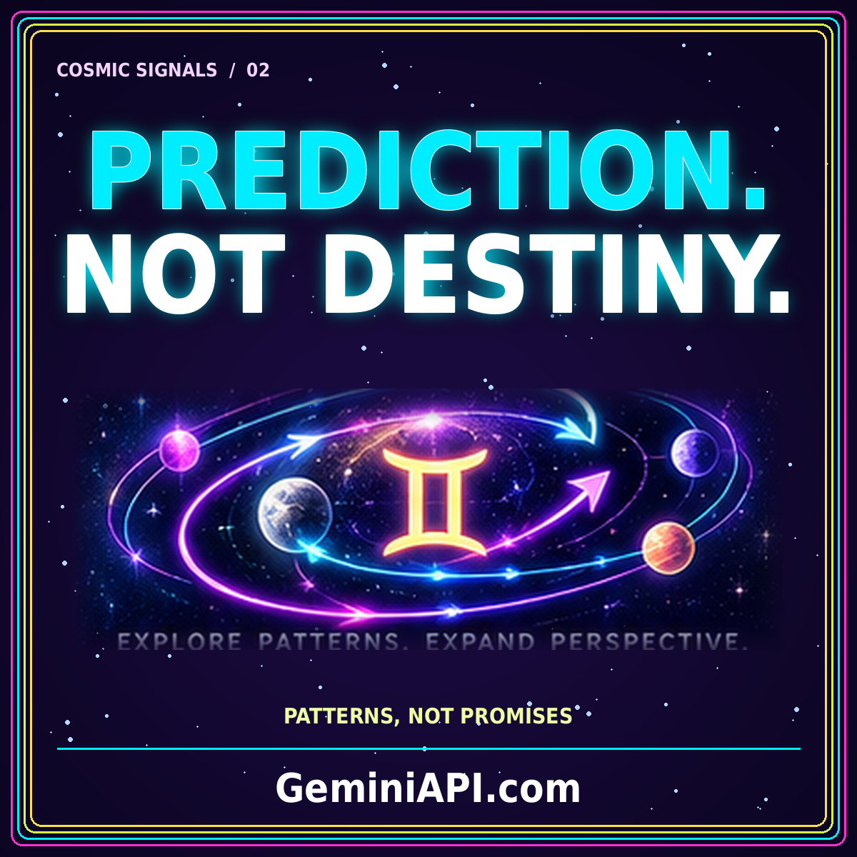 Prediction, Not Destiny: Designing a Responsible Astrology API — neon typography and cosmic illustration, GeminiAPI.com