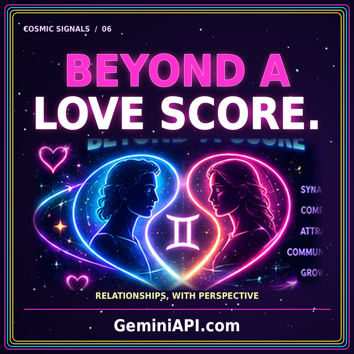 Beyond a Love Score: A Better Relationship API — neon typography and cosmic illustration, GeminiAPI.com