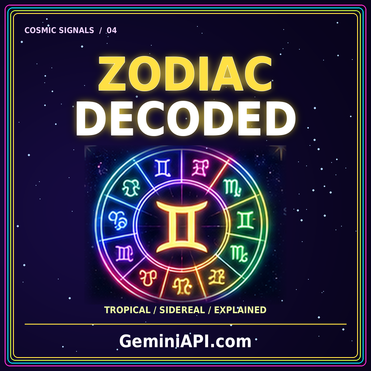 Zodiac API Explained: Tropical, Sidereal, and the Settings That Matter — neon typography and cosmic illustration, GeminiAPI.com